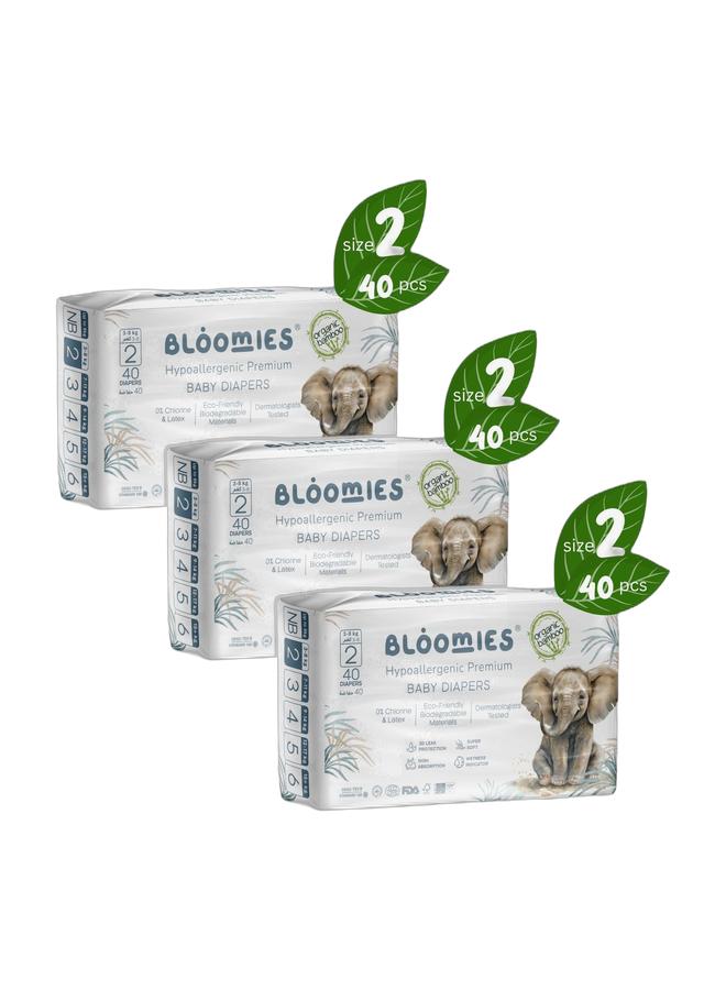 بلوميز حفاضات الأطفال العضوية المصنوعة من الخيزران العضوي مقاس 2 (3-8 كجم) 120 قطعة (40 × 3) حزمة | حفاضات صديقة للبيئة، غير مسببة للحساسية، غير سامة، مسامية - Image 1